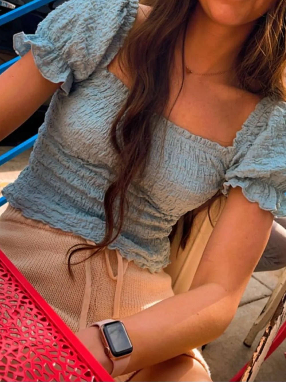 Lush Light Blue Smocked Puff-Sleeve Crop Top